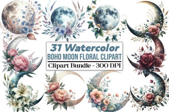 Download Watercolor Boho Moon Floral Clipart - Boho moon Collection