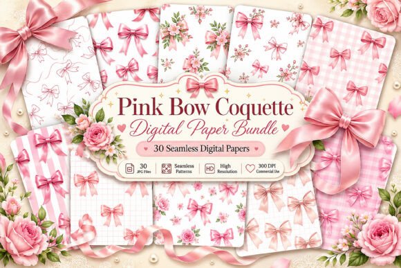 Download Pink Bow Coquette Digital Paper Bundle - Paper Collection