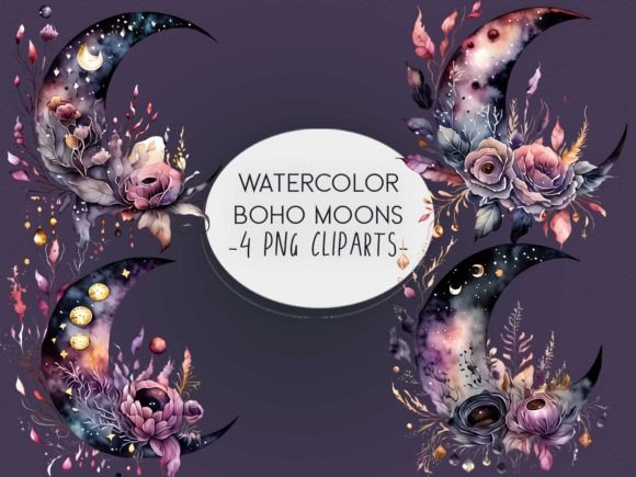 Download Watercolor Boho Moon Clipart Sublimation - Boho moon Collection