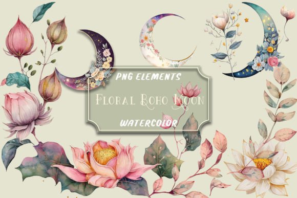 Download Watercolor Floral Boho Moon Clip Art Png - Boho moon Collection