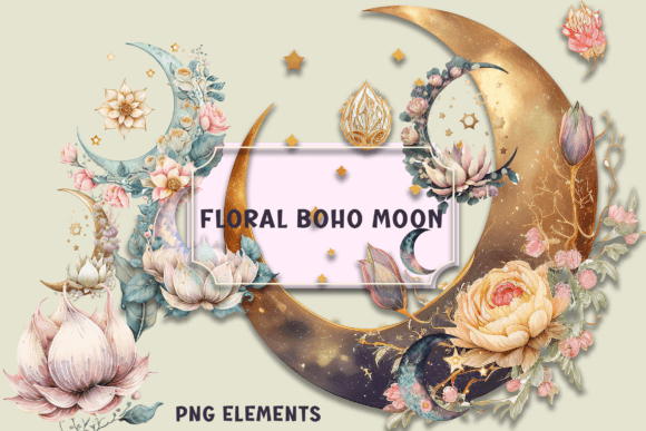 Download Watercolor Floral Boho Moon Clip Art - Premium Resources