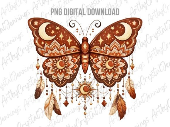Download Boho Moon Butterfly with Feathers PNG - Boho moon Collection