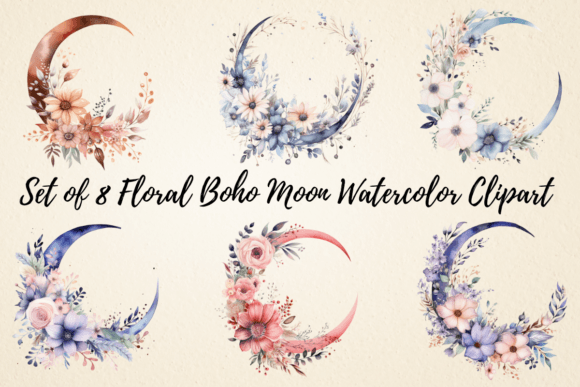 Download Floral Boho Moon Watercolor Clipart - Boho moon Collection