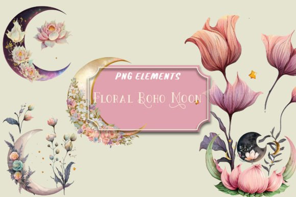 Download Watercolor Floral Boho Moon Clip Art Png - Boho moon Collection